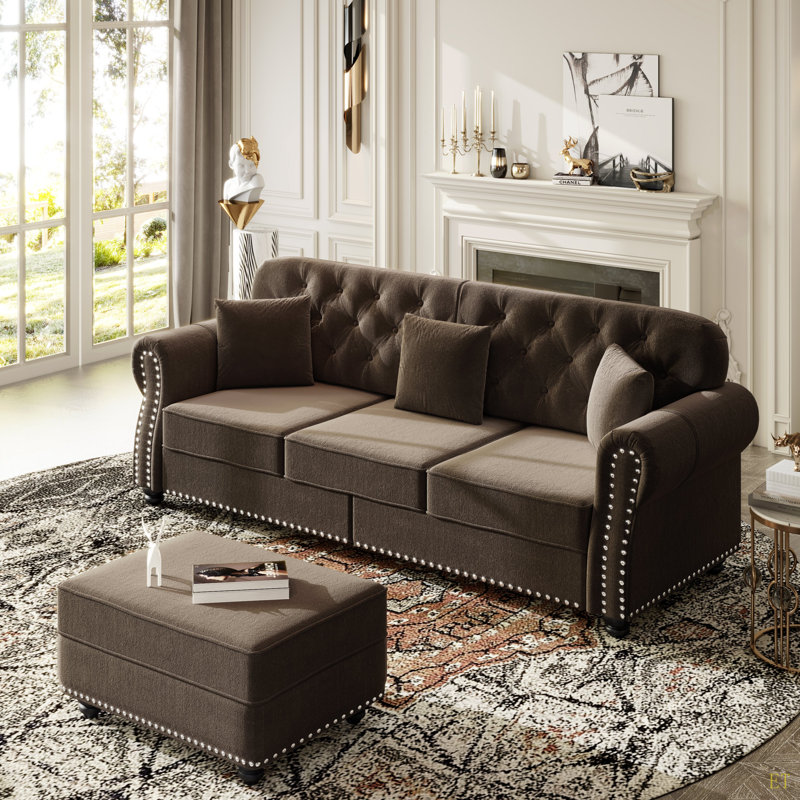 Canapé Chesterfield 82,6 po rembourré en velours avec garniture cloutée et accoudoirs roulés, canapé de style Mid-Century moderne capitonné avec boutons, inclus 3 coussins
