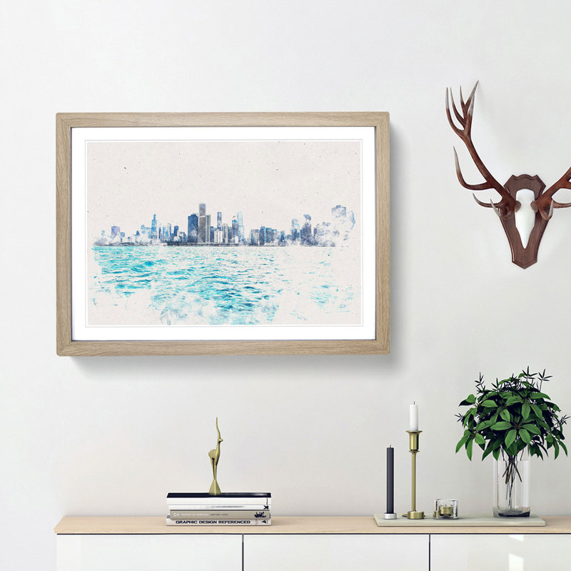 Cloudy Day In Chicago Illinois - Single Picture Frame Painting on MDF, 40cm H x 60cm W x 2cm D, Oak Framed