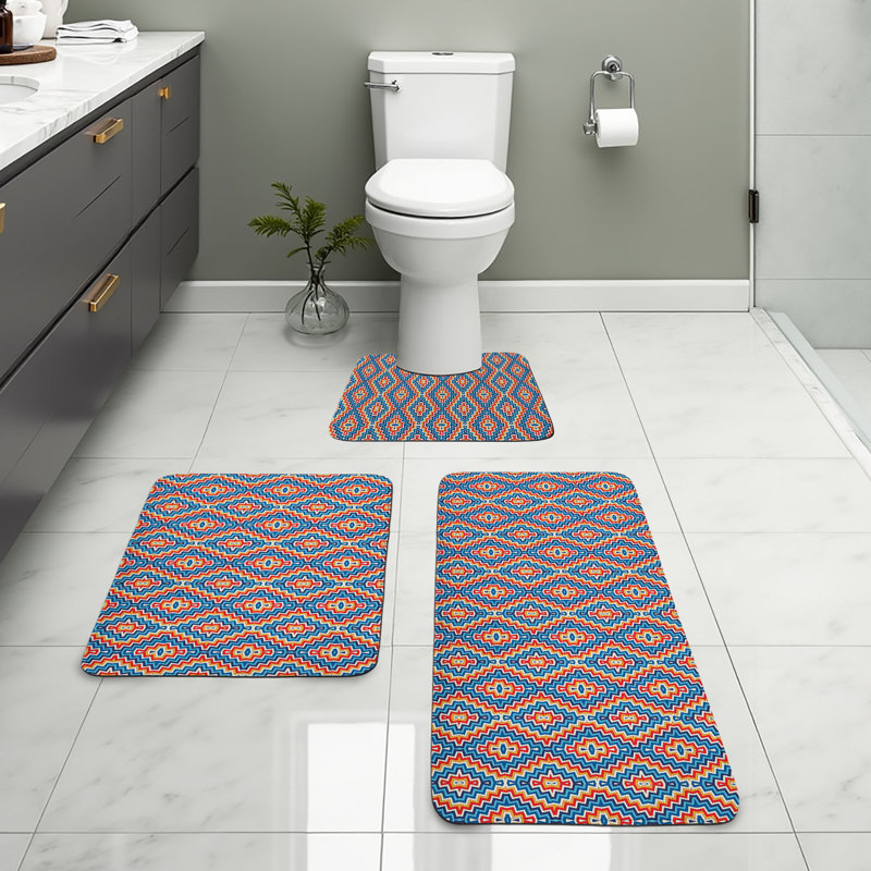  Tapis de salle de bain Ethnique 3 pièces en U et tapis rectangulaires bleu orange