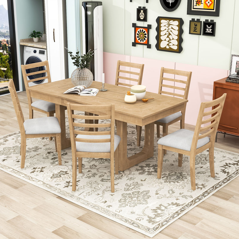 Ensemble de table de salle à manger extensible 7 pièces avec 6 chaises rembourrées, Naturel