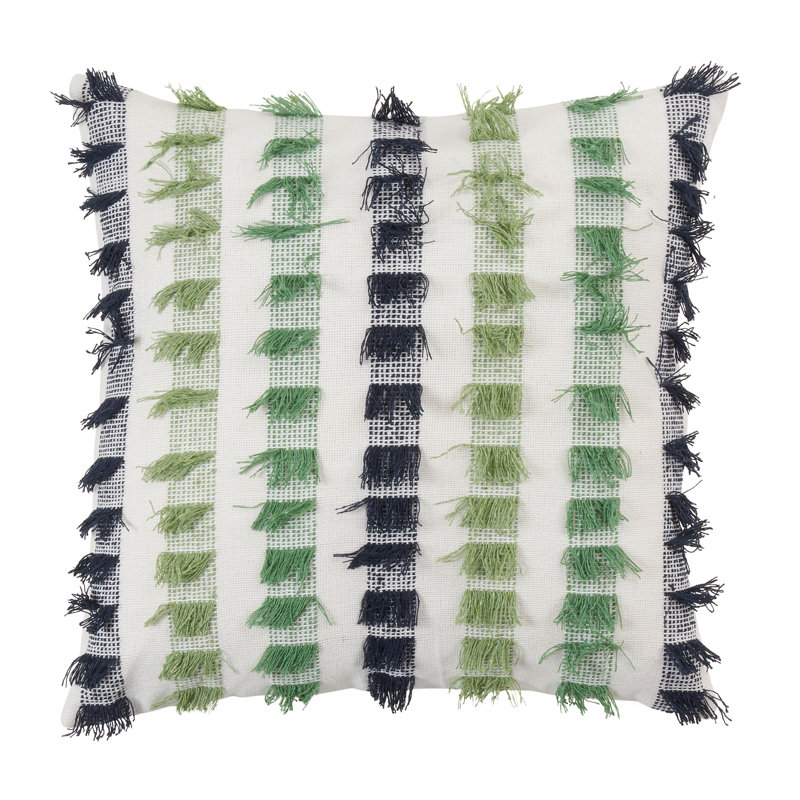 Green and Black Striped Fringe Cotton Throw Pillow