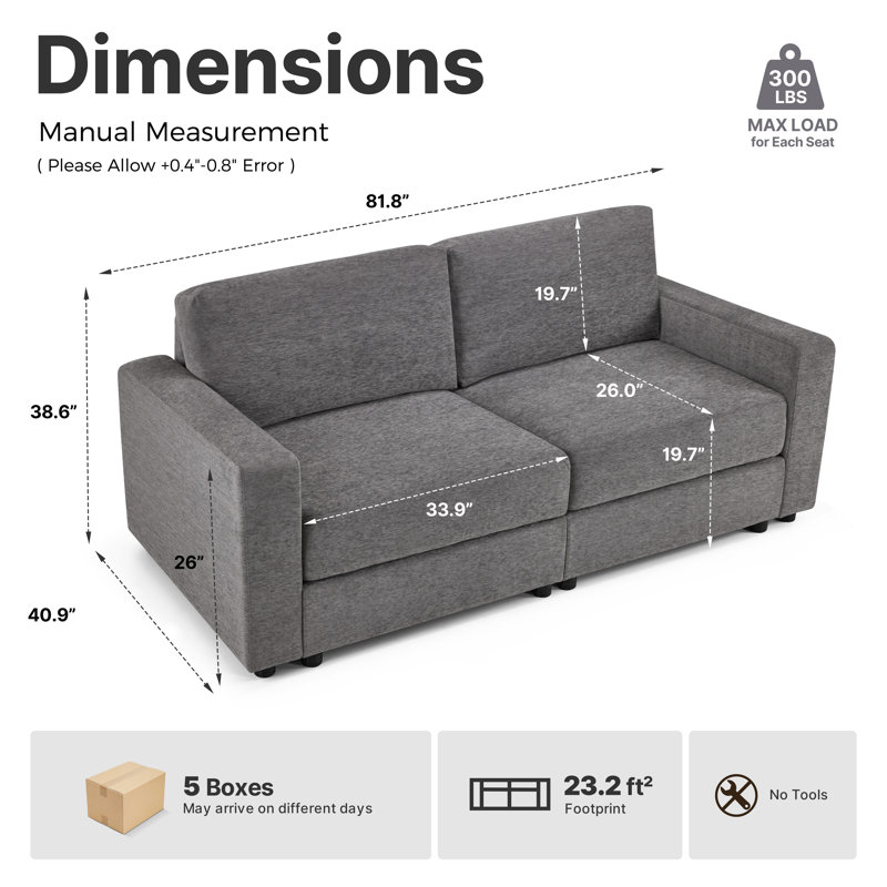 Canapé modulaire surdimensionné à 2 places modulaire, Gris foncé