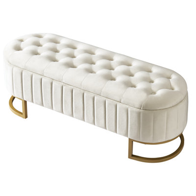 Beige Velvet Button- Bench With Storage For Bedroom And Living Room In Metal Frame Space