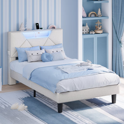 Couvertt Upholstered Bed with Charging Station, Storage Platform Bed with LED Light, Low Profile Bed with Adjustable Headboard，Modern Twin Bed