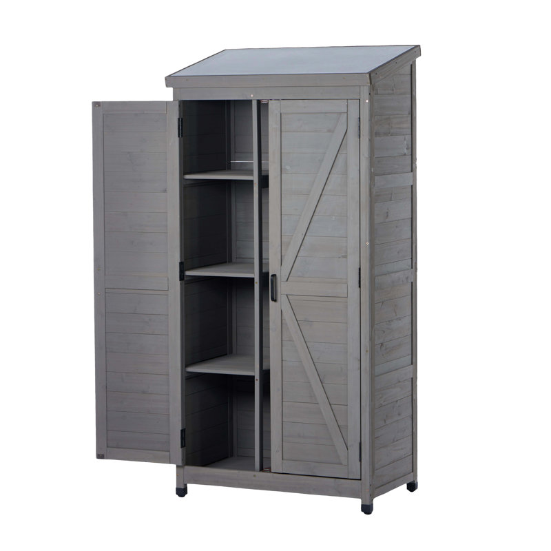 Outdoor Wooden Storage Shed with Metal Top Tall Vertical Tool Cabinet for Backyard Garden Patio Lawn