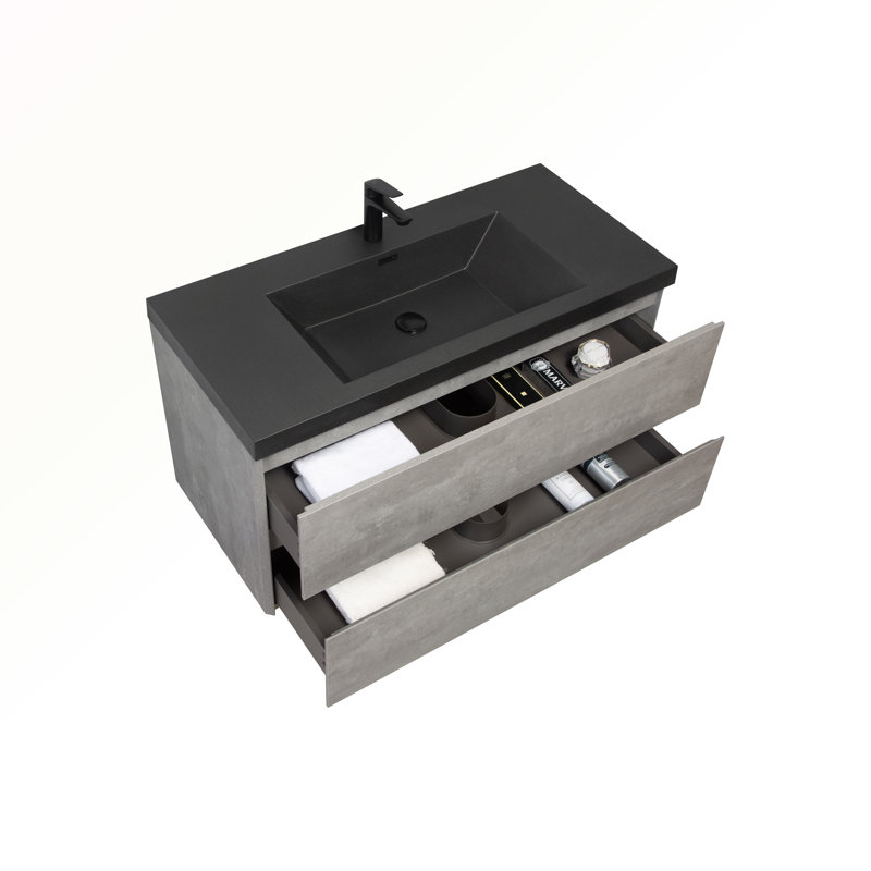 42" Gray and Black Quartz Floating Bathroom Vanity with Sink