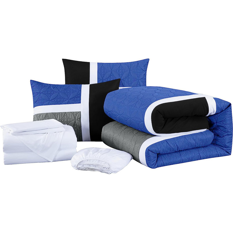 7-Piece Patchwork Bed in a Bag Comforter Set with Sheets, Blue/Black/Gray, Queen Comforter + 6 Additional Pieces