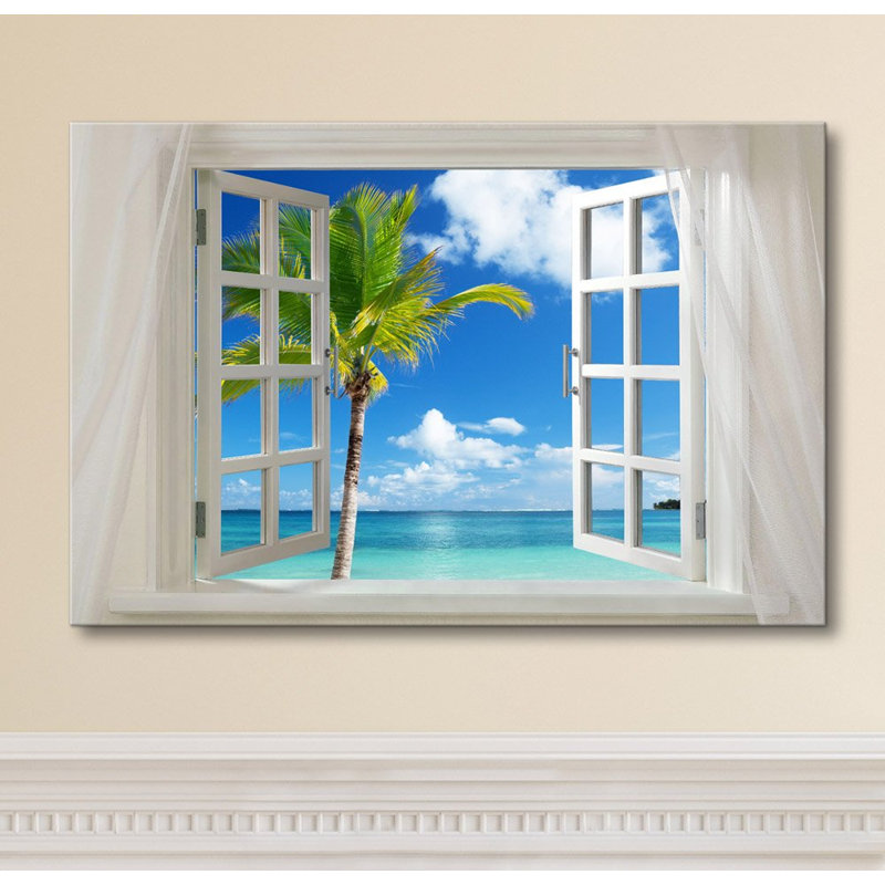 «Beautiful Tropical Beach With Palm Tree Open Window Modern Wall Home Decor» sur toile, H 24 po x l 36 po