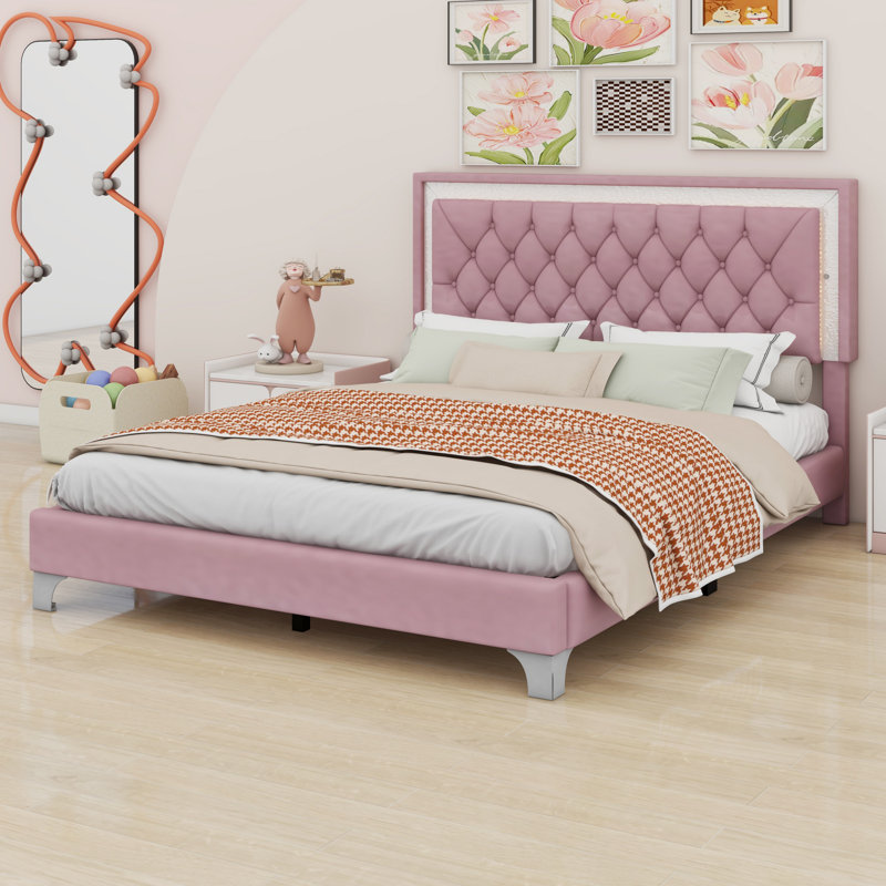 Upholstered Bed Frame With LED Lights, Pink