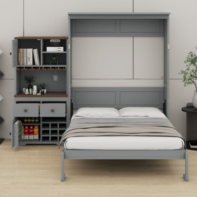 Lit escamotable avec armoire de rangement, support à vin, porte-verre, tiroirs et bande à DEL multicolore