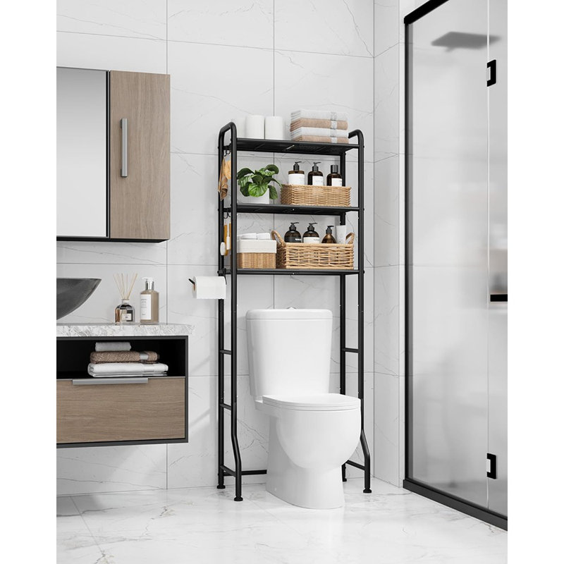 Support de rangement au-dessus de la toilette - Organisateur de salle de bain en métal noir, armoire à 3 niveaux avec porte-papier et crochets