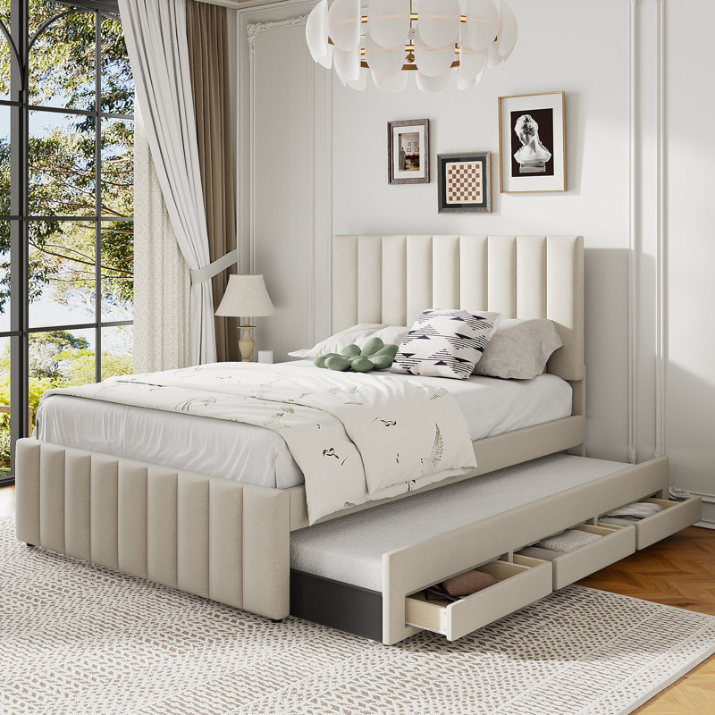 Lit plateforme double tapissier avec lit gigogne simple et 3 tiroirs, tissu en lin, Beige