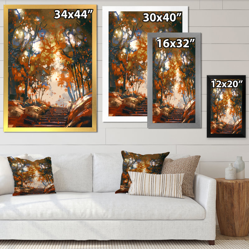 Escaliers avec des arbres dans le parc - Peinture sur toile, H 44 po x l 34 po, Cadre d'angle fermé noir