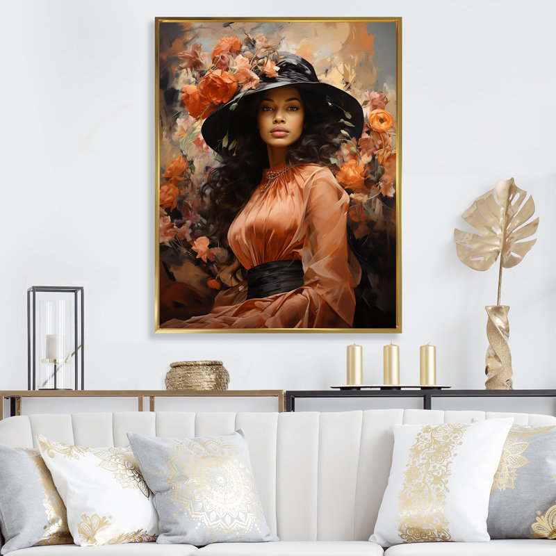 Harlem Jazz, femme afro-américaine avec des fleurs - art mural Harlem Renaissance, Cadre flottant doré, H 32 po x l 24 po