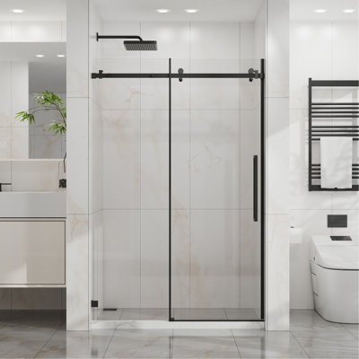 Goodyo 48" W x 72" H Sliding Shower Door, Frameless Sleek Glass Shower Door, 1/4" (6mm) Thick Tempered Clear Glass with Easy-clean Coating, Stainless Steel Hardware, Matte Black
