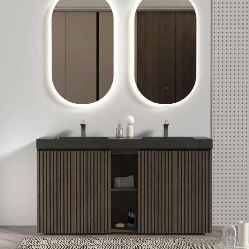 Meuble-lavabo avec lavabo, grand meuble-lavabo autoportant pour salle de bain moderne, lavabo une pièce sans drain ni robinet