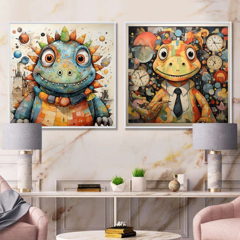 Cubist Dinosaur Nursery I - ensemble de 2 reproductions d'art mural de dinosaures, Cadre flottant blanc