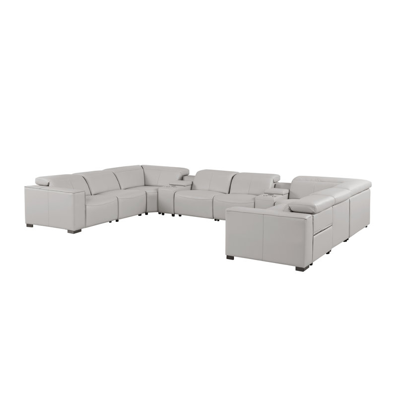 Luxurious 10-Piece U-Sectional In Genuine Leather With 4 Power Recliners And Power Headrests, Light Gray