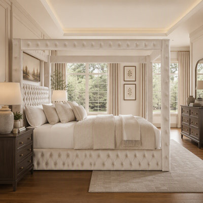 Queen Velvet Canopy Bed with Bluetooth Speakers and USB Ports