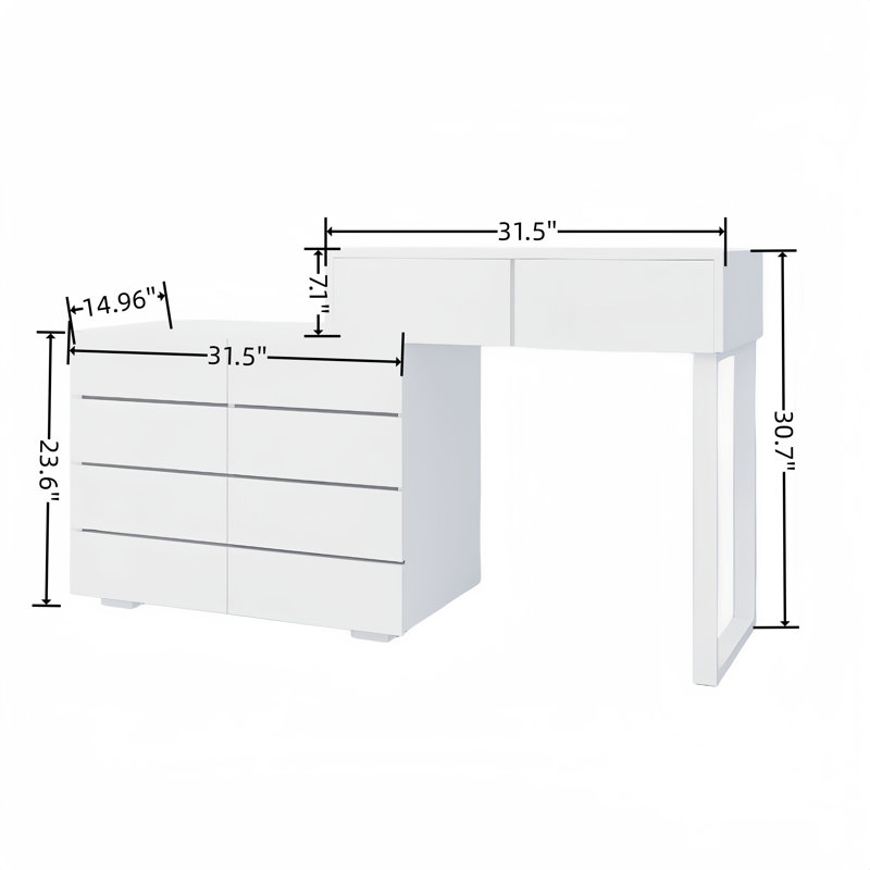 Extended Desktop 10 Drawers Chest of Drawer without Handle Vanity 