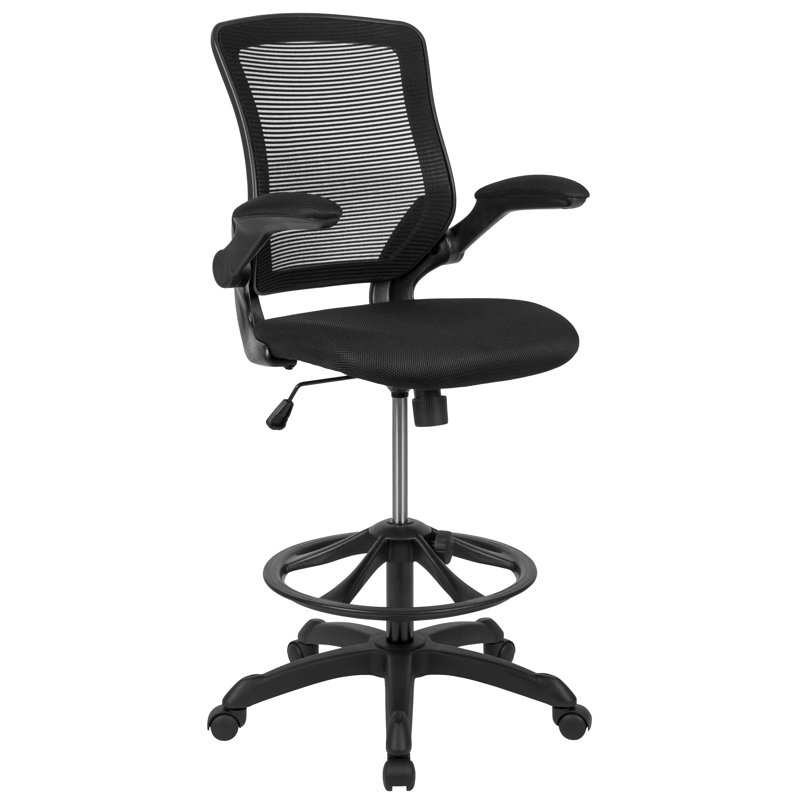  Chaise de dessinateur ergonomique en maille à dossier moyen avec repose-pieds et accoudoirs rabattables, Noir
