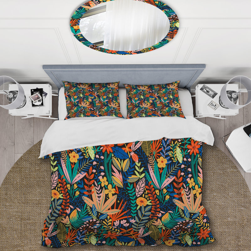 Multicolore feuille tropicale - ensemble de housse de couette floral - polyester microfibre