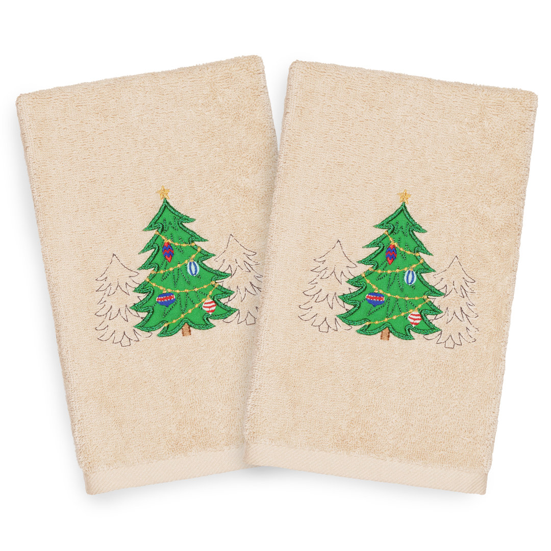 Christmas Three Trees Embroidered Luxury Turkish Cotton Hand Towel (Set of 2) Linum Home Textiles 