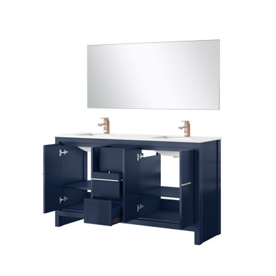 Meuble-lavabo double bleu marine l 60 po x P 20 po, comptoir en quartz blanc, ensemble de robinets en or rose et miroir de 55 po