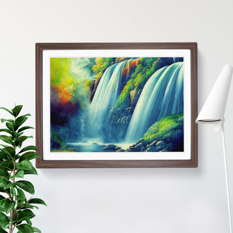 Watercolour Waterfall - Single Picture Frame Print, 34cm H x 46cm W, Walnut