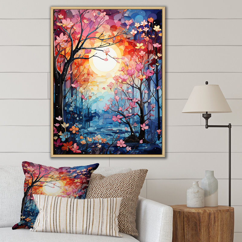 Toile mauve et rose II sur toile, Cadre naturel flottant, H 32 po x l 16 po x P 1 po