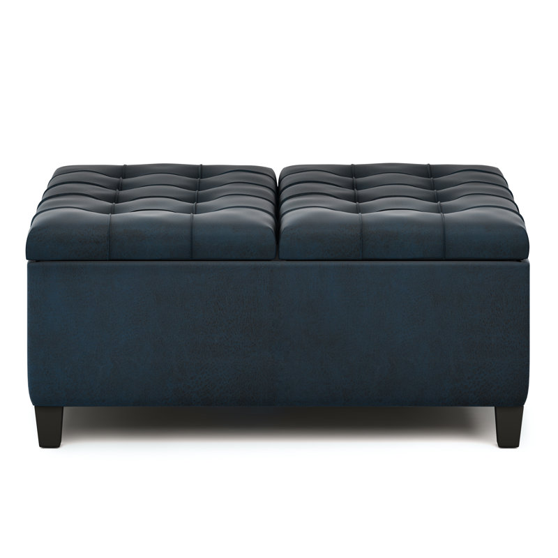 Harrison 36"W Upholstered Vegan Leather Transitional Square Lift-Top Ottoman with Hidden Storage, Dark Navy Faux Leather