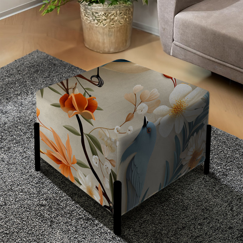 Blue And Beige Birds On Branch Collage - Floral Square Ottoman