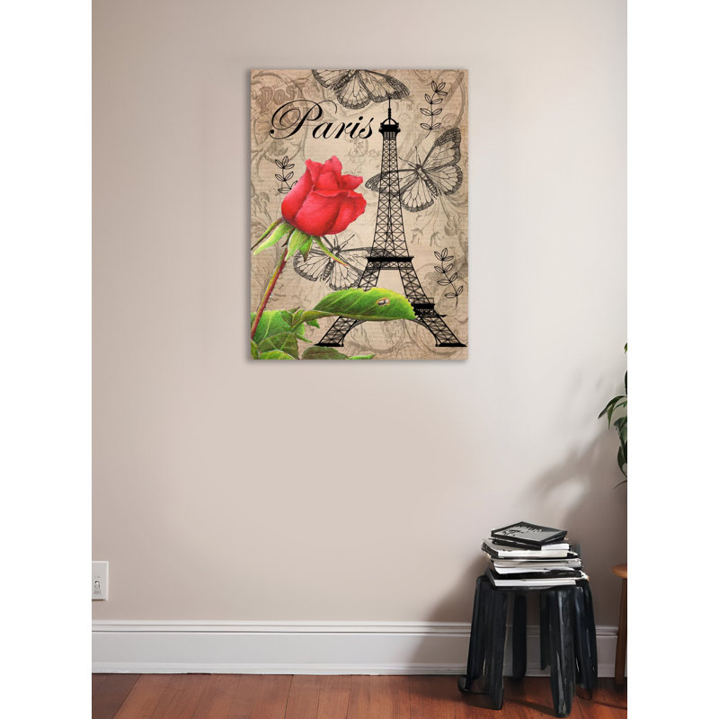 «World Chic Paris Eiffel Tower Post card with Rose», reproduction d'impression sur toile tendue, H 32 po x l 24 po x P 1,5 po