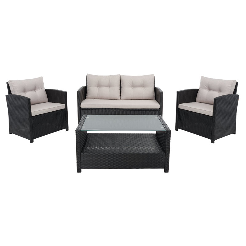 Anyuta Wood 4 - Person Patio Conversation Set with Cushions, Black Frame/Light Gray Cushion
