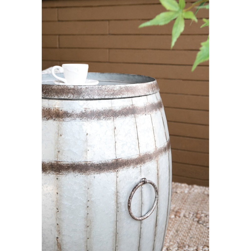 Galvanized Gray Drum Table With Rustic Brown Banding And Rivets, 22.5x22.5x26 Inches, Removable Lid As Storage Tray, Suitable For Shabby - Chic Style Side In Finish, Great Accent Any Room