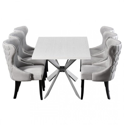 Devries 6 Person Dining set - a Rectangular Wooden Dining Table with Metal Legs and a Set of 6 Quilted Velvet Dining Chairs for Dining Room - Modern Dining Table Set
