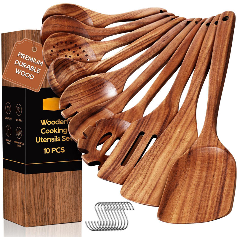 Cuillères en bois pour la cuisson, batterie de cuisine en teck 10 pièces avec ustensiles de cuisine - finition lisse, antiadhésive, prise confortable, ustensiles de cuisine résistants à la chaleur