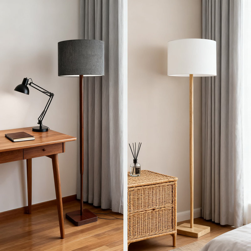 Lampe sur pied de 58,5 pouces avec base en noyer et abat-jour en tissu gris, luminosité réglable à 3 voies pour la chambre à coucher, le salon et l'éclairage de bureau