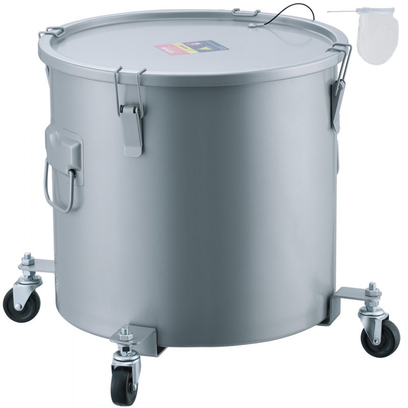 Fryer Grease Bucket, 16 Gal Oil Disposal Caddy with Caster Base, Carbon Steel with Rust-Proof Coating, Oil Transport Container with Lid, Lock Clips, Filter Bag for Hot Cooking Oil Filtering, Gray