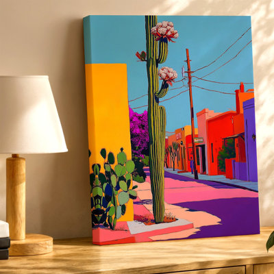 «Desert Street Cactus Bloom Southwestern Townscape», impression d'art décoratif coloré pour le salon, le coin-détente, le bureau, la cabane et la galerie Western, décor de maison moderne