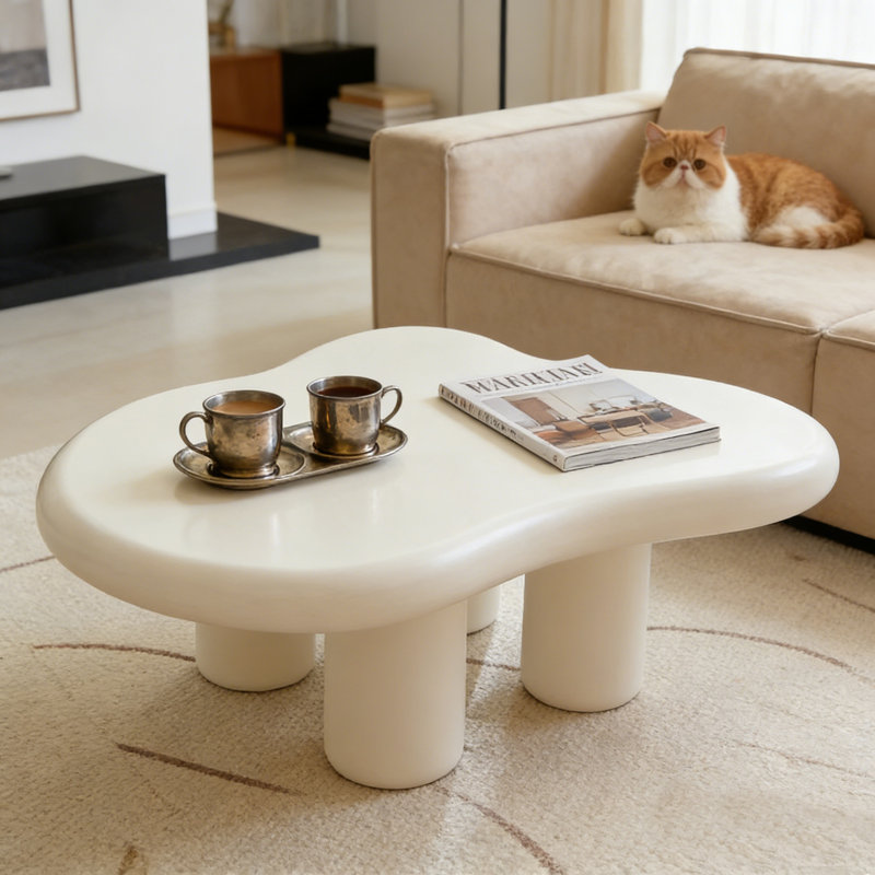 Table basse Cloud, table de coin ronde ronde en bois avec 4 pieds de 47,24 po blanc chaud et irrégulier, table de thé d'intérieur moderne et épaisse, table de bout de dessin animé pour la chambre à coucher du salon 