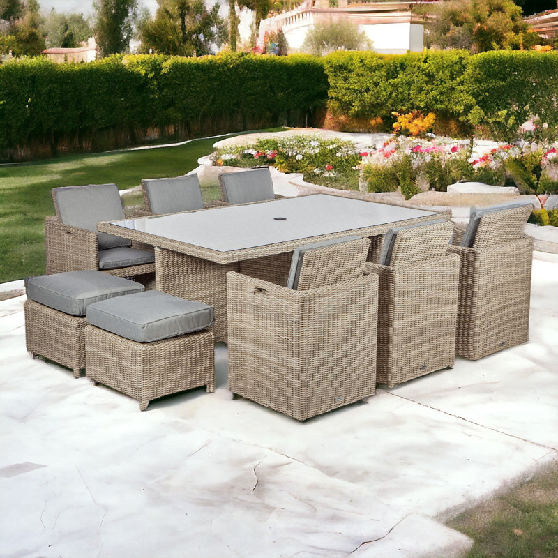 WENTWORTH 10 Seater Cube Set (1 x 195cm x 125cm Table with Parasol Hole, 6 x Cube Chairs with Folding Backrest & 4 x Integral Stools inc Cushions