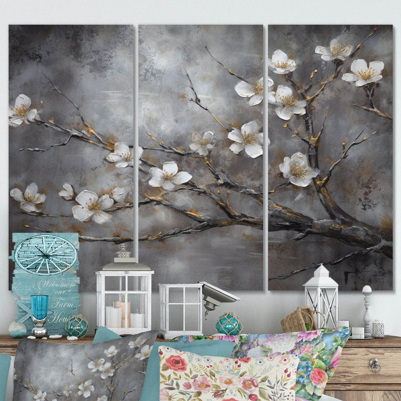 Ensemble de décorations murales en métal White Cherry Blossum Harmony II
