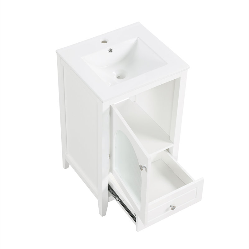 Meuble-lavabo avec lavabo et porte en verre à fermeture douce et tiroir, Blanc / Blanc