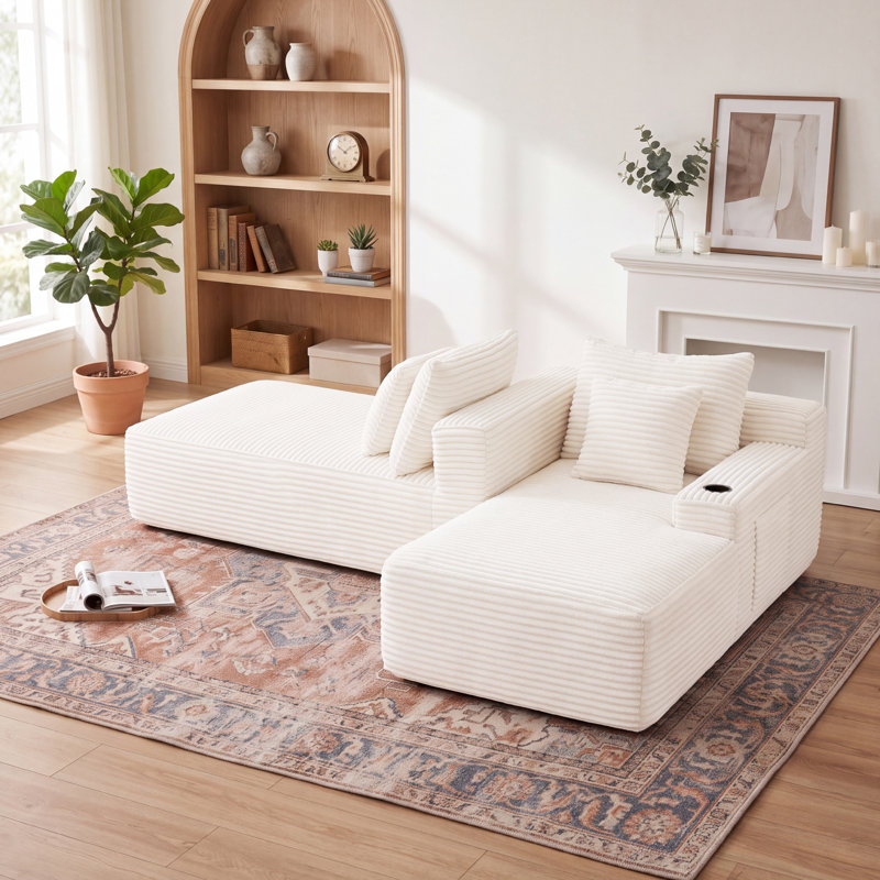 Canapé modulaire modulaire en velours côtelé avec assise profonde, porte-gobelets et poches de rangement latérales, sans assemblage