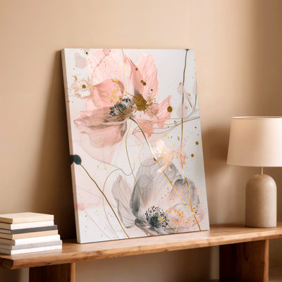 Abstrait floral rose, coquelicot gris, ligne dorée, reproduction d'art sur toile moderne