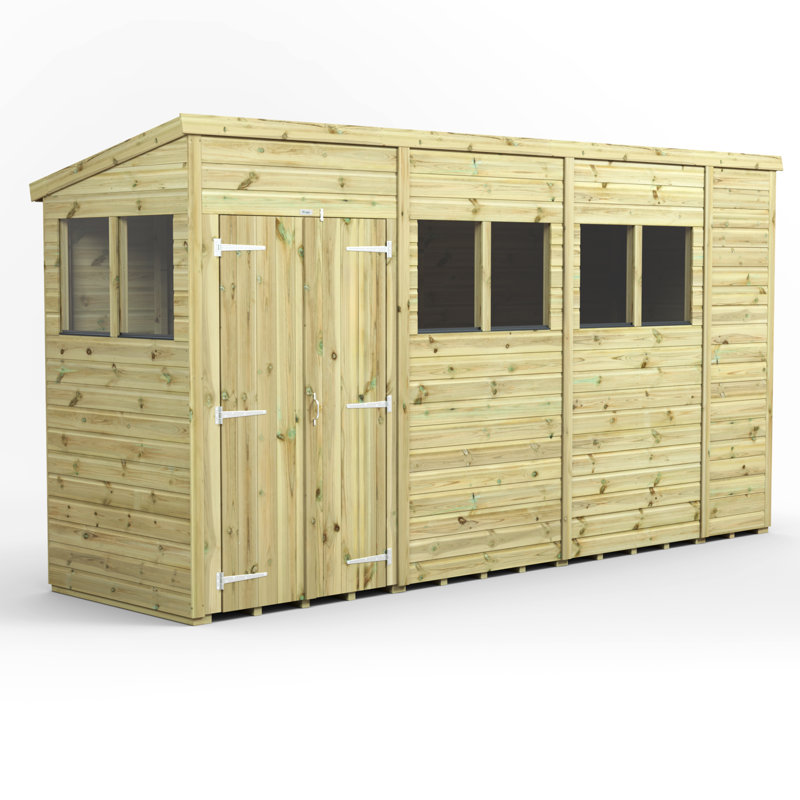 Powersheds 14 x 4ft Premium Pressure Treated Timber Pent Garden Shed, Double Doors