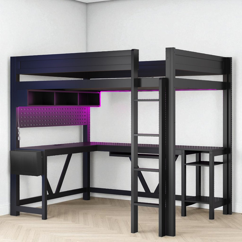 Full Loft Bed With Built-In L-Shaped Desk, Led Light And Charging Station, Black