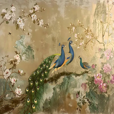 Elegant Peacock & Blossom Oriental Wall Mural
