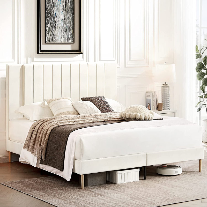 Cream Velvet King Platform Bed with Tufted Upholstered Headboard
